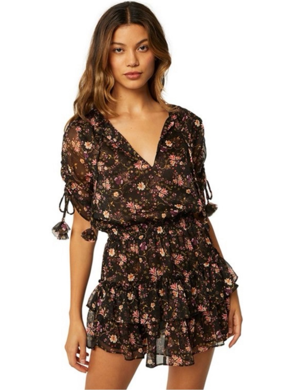 Misa Los Angeles Becca Black Floral Ruffle Mini Dress